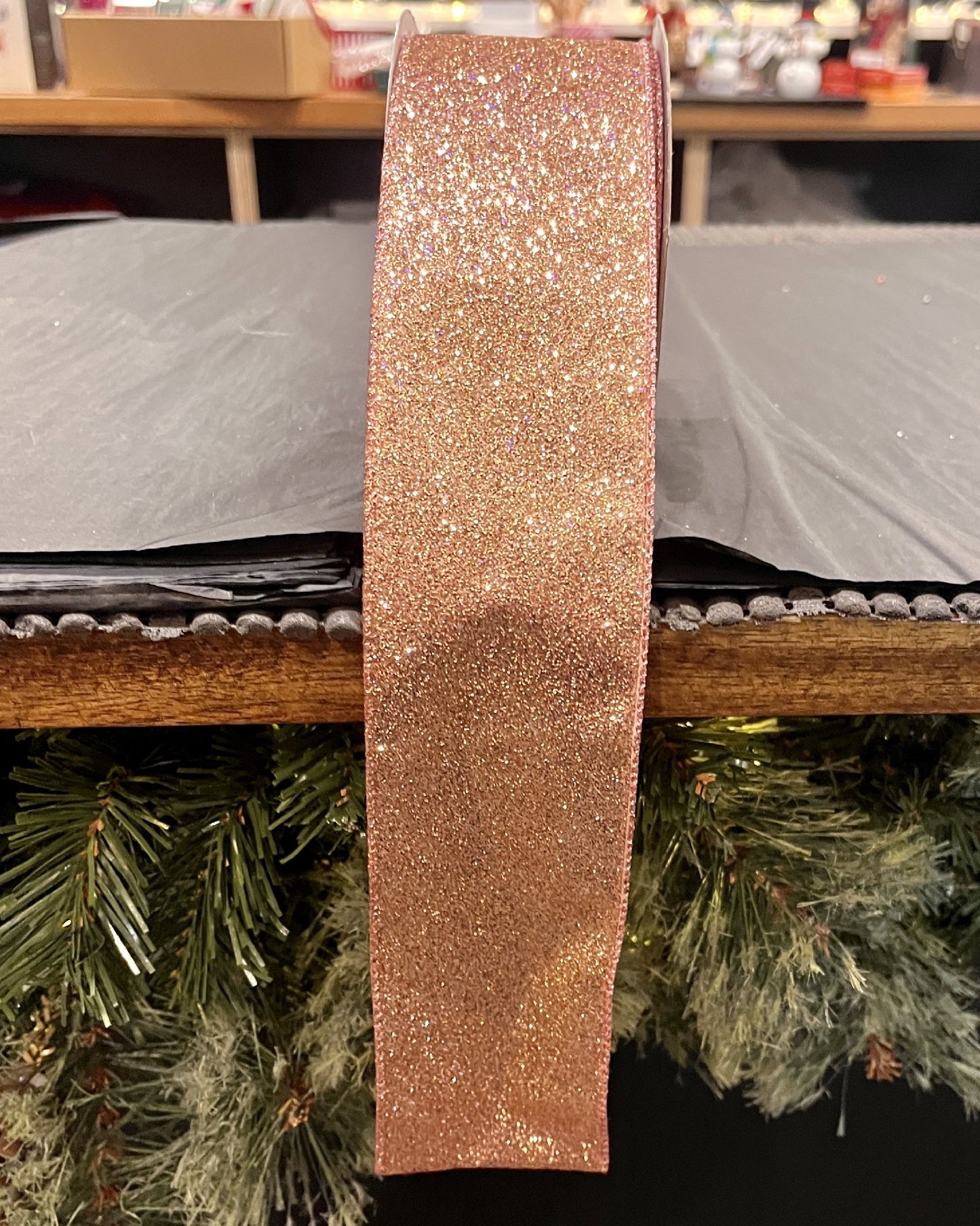 ROSE GOLD PINK GLITTER 2.5 INCH WIRE EDGED RIBBON X2480