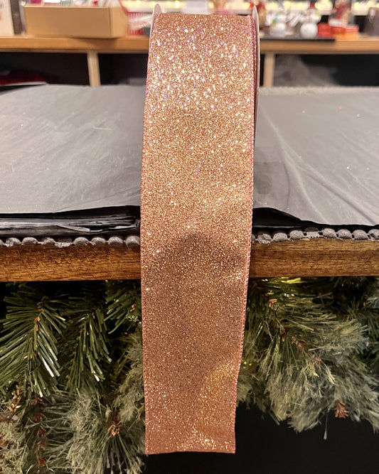 ROSE GOLD PINK GLITTER 2.5 INCH WIRE EDGED RIBBON X2480