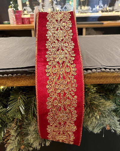 BURGUNDY EMBROIDERED VELOUR WIRE EDGED RIBBON X3284