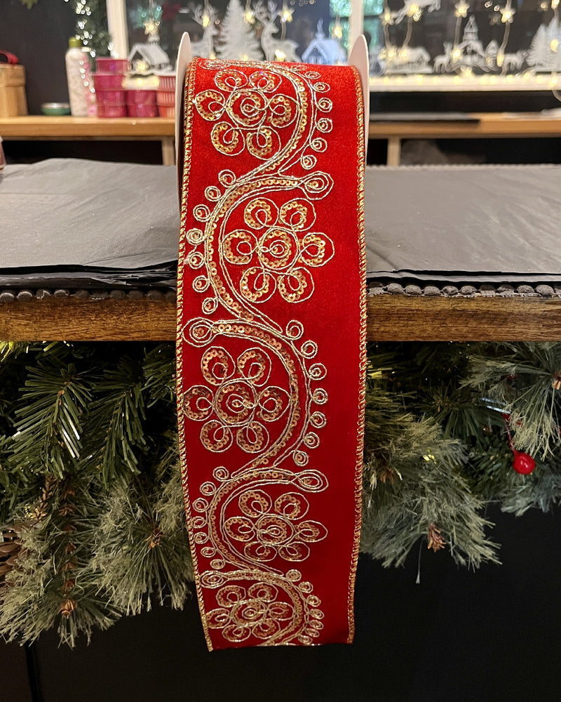 RED EMBROIDERED VELOUR WIRE EDGED RIBBON X3285