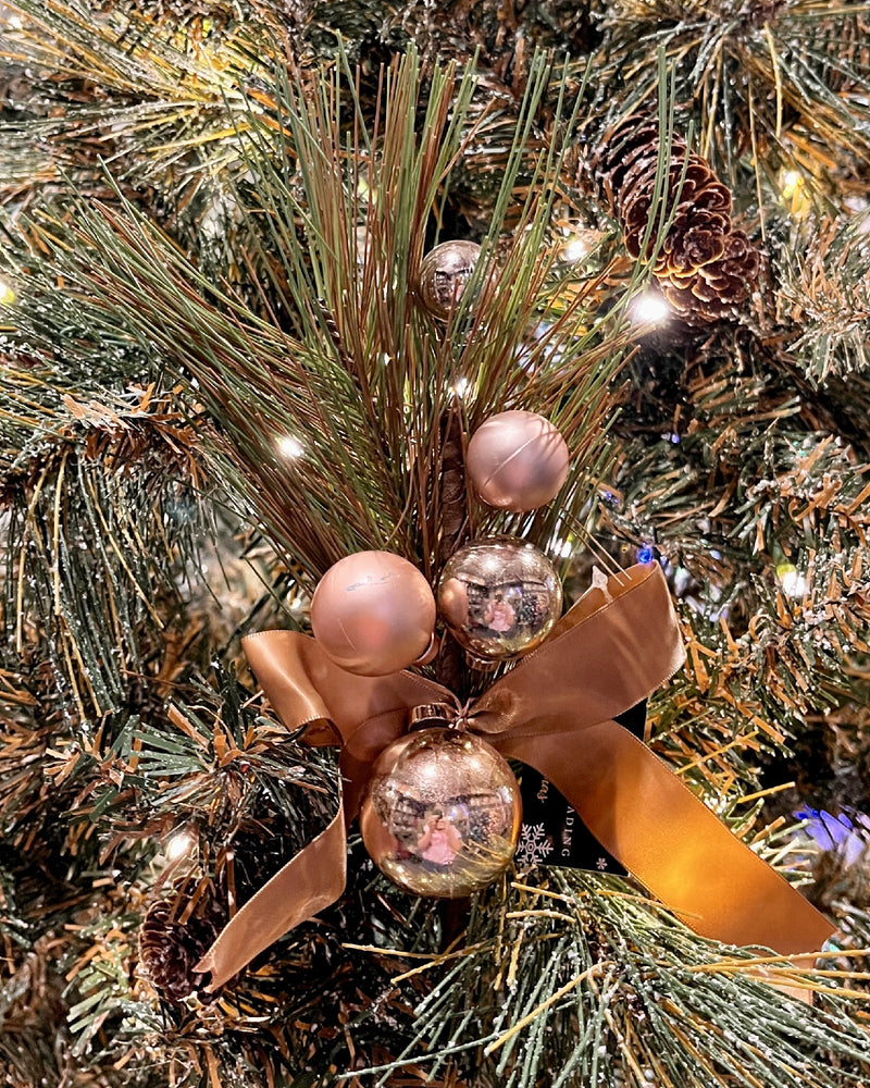 PINE SPRAY WITH ROSE GOLD BAUBLE & RIBBON X3419