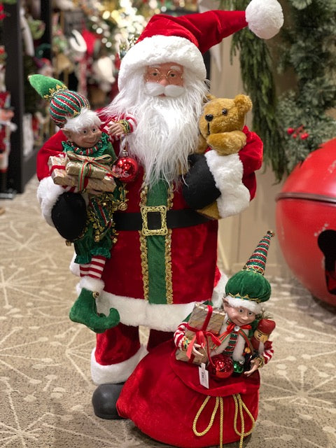 SANTA W/ BEAR ELF AND GIFT BAG 91CM X3539