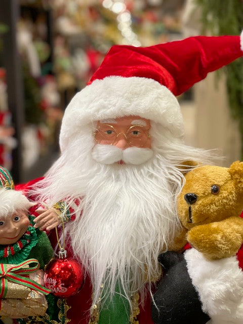 SANTA W/ BEAR ELF AND GIFT BAG 91CM X3539