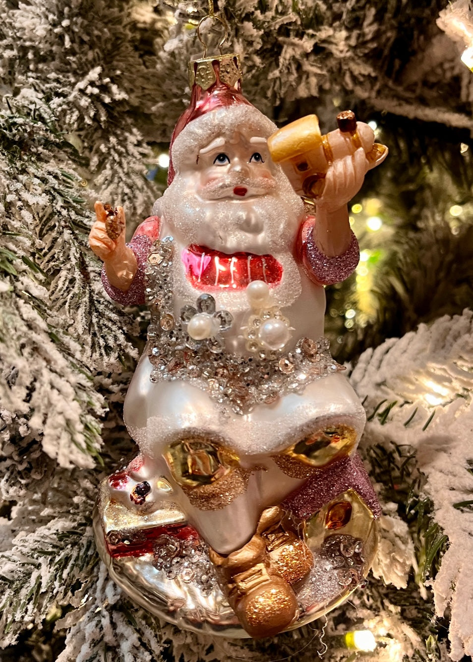PINK SANTA GLASS ORNAMENT X3629