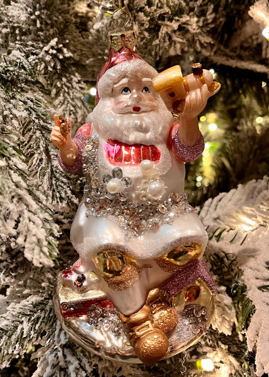 PINK SANTA GLASS ORNAMENT X3629
