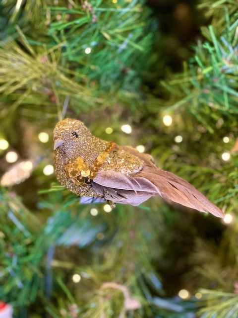 CLIP ON FEATHERED BIRD WITH SEQUIN BAND - GOLD