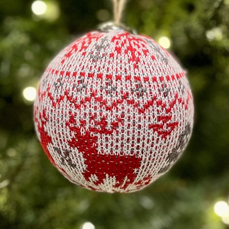 FABRIC 10CM KNITTED BAUBLE RED GREY ORNAMENT XMJFBAG