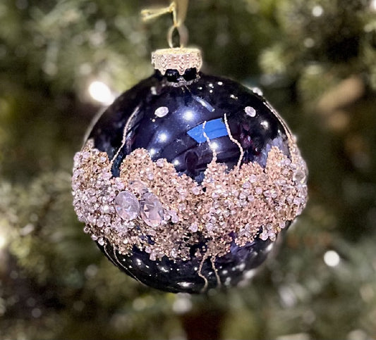 GLASS BAUBLE BLUE GOLD BAND ORNAMENT XGFLMBL