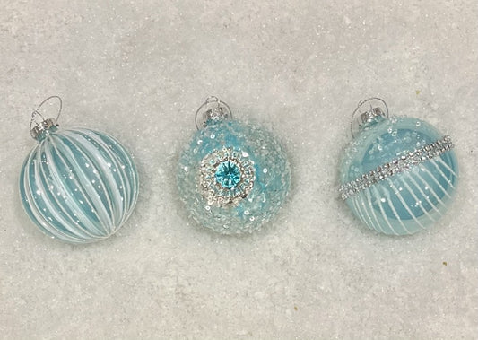 GLASS BAUBLE TEAL SILVER SET OF 3 XGFMTS3