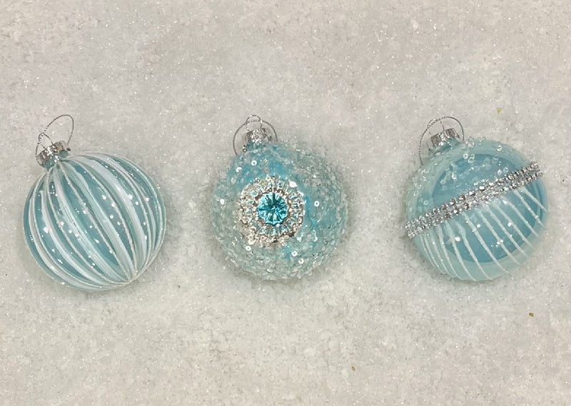 GLASS BAUBLE TEAL SILVER SET OF 3 XGFMTS3