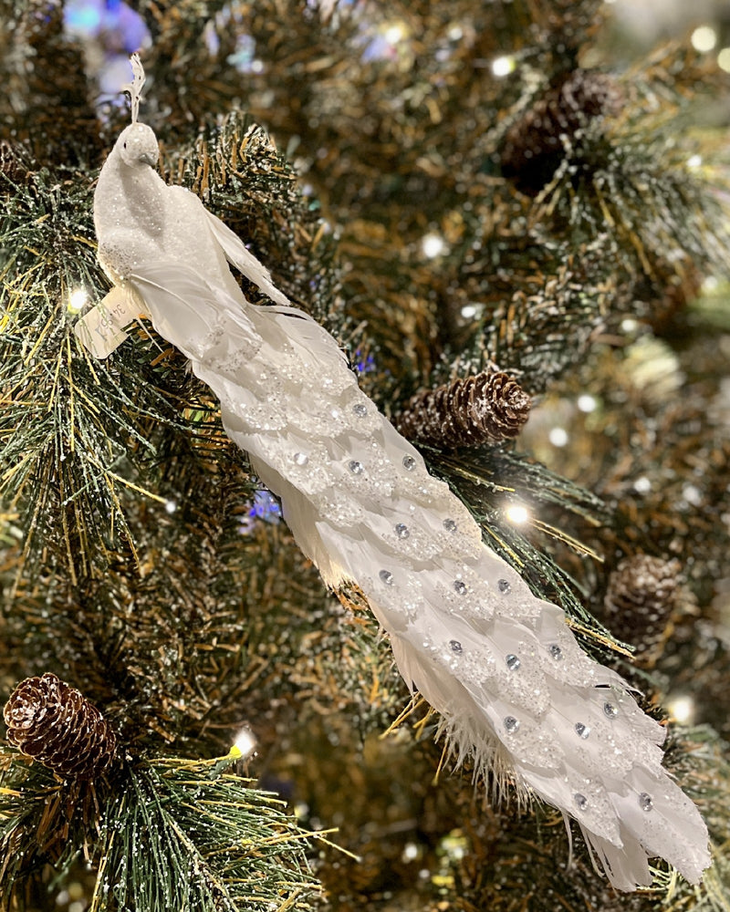 WHITE PEACOCK CLIP ON BIRD XFRTTPW