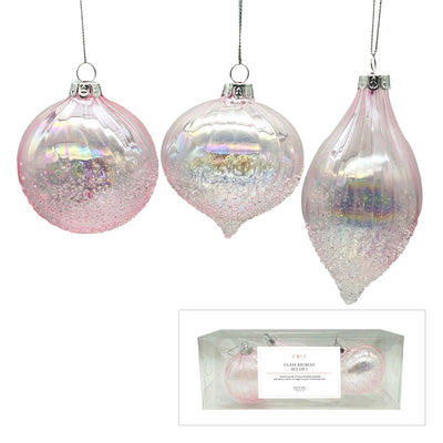 GLASS BAUBLE IRRIDESCENT PINK SET OF 3 XGFNBI3		