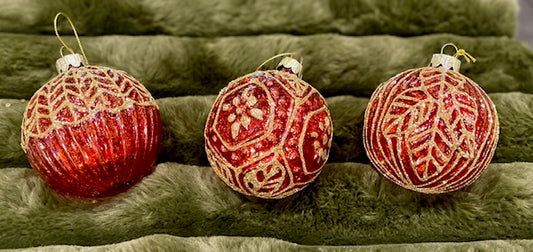 GLASS BAUBLE RED GOLD LACE SET OF 3 XGFNLR3