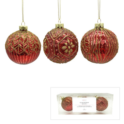 GLASS BAUBLE RED GOLD LACE SET OF 3 XGFNLR3