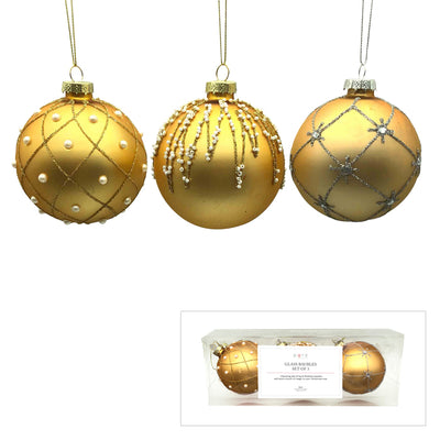 GLASS BAUBLE CHAMPAGNE GOLD WITH PEARL SET OF 3 XGFNRC3