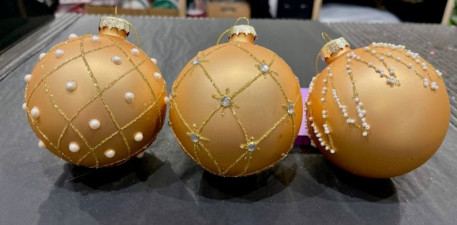 GLASS BAUBLE CHAMPAGNE GOLD WITH PEARL SET OF 3 XGFNRC3