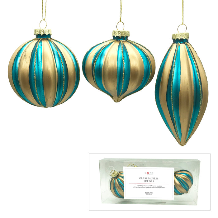 GLASS BAUBLE TEAL BRONZE SET OF 3 XGFNRT3