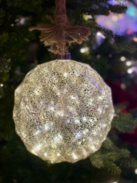 MERCURY GLASS LED CHAMPAGNE ROUND ORNAMENT ON ROPE XGRRCHB