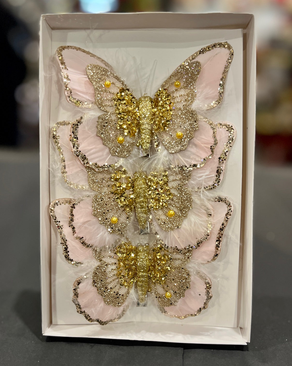 FEATHER BUTTERFLY PK3 CORAL CHAMPAGNE EDGE ORNAMENT XFXACCE