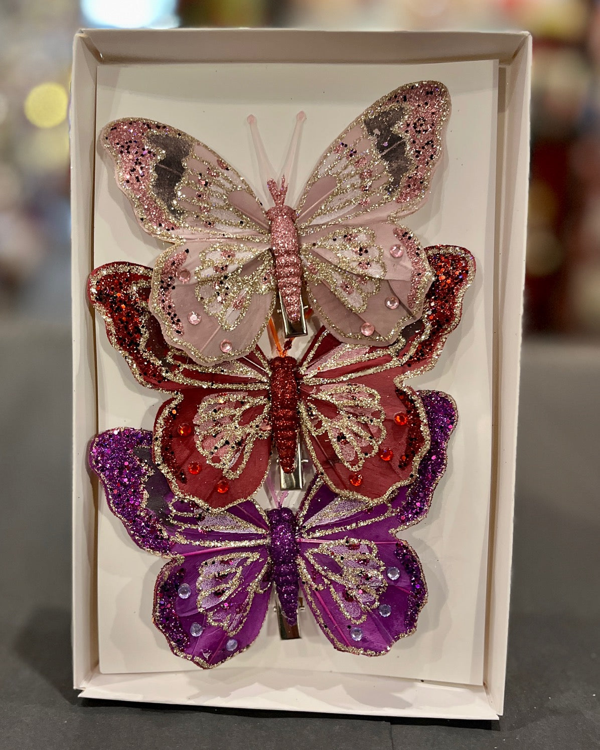 FEATHER BUTTERFLY PK3 PINK RED PURPLE ORNAMENTS XFXAPRP