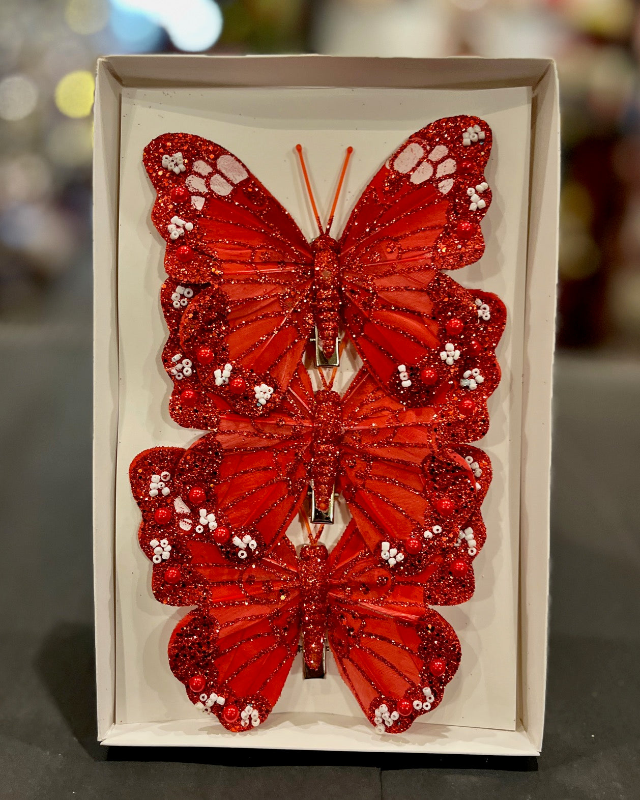 FEATHER BUTTERFLY PK3 RED WHITE ORNAMENT XFXAREW