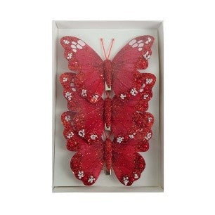 FEATHER BUTTERFLY PK3 RED WHITE ORNAMENT XFXAREW