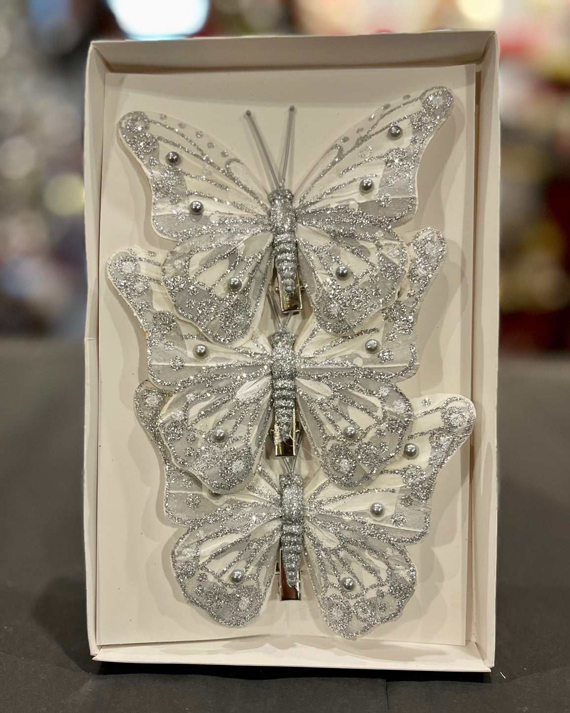 FEATHER BUTTERFLY PK3 SILVER WHITE ORNAMENT XFXASWH