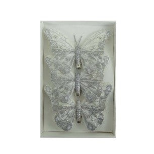 FEATHER BUTTERFLY PK3 SILVER WHITE ORNAMENT XFXASWH
