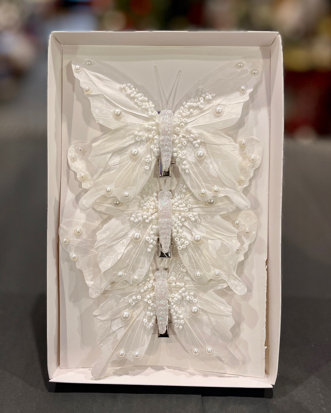 FEATHER BUTTERFLY PK3 WHITE PEARL ORNAMENT XFXAWPE