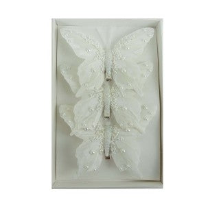 FEATHER BUTTERFLY PK3 WHITE PEARL ORNAMENT XFXAWPE