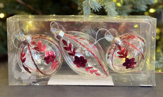 CLEAR WITH RED GLITTER GLASS ORNAMENTS SET OF 3 XGFNBR3