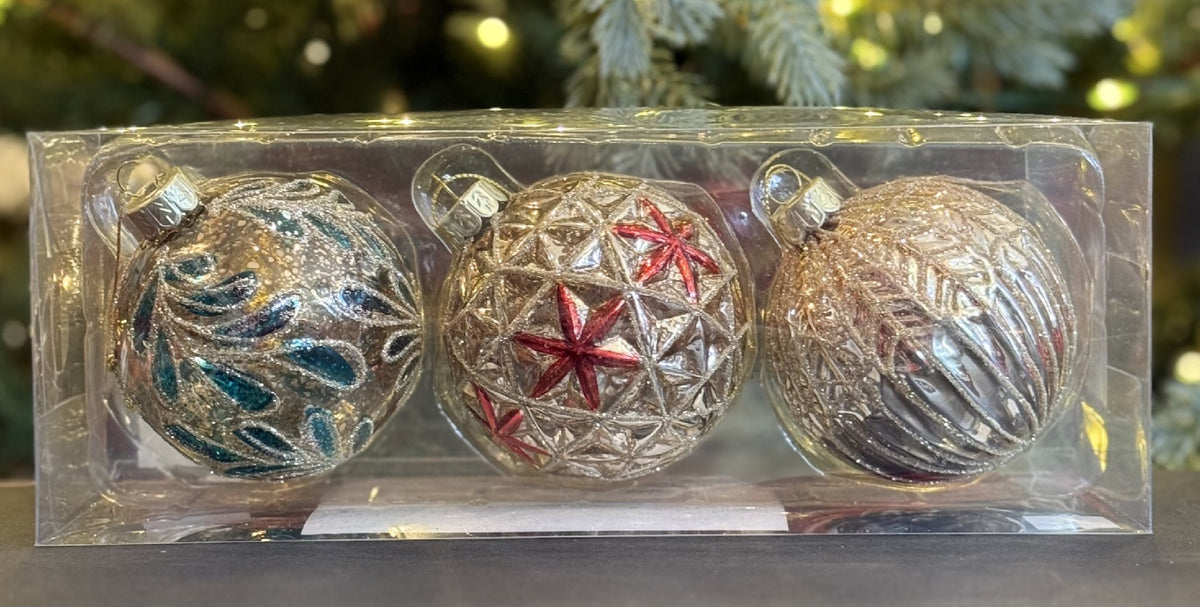 GOLD WITH RED BLUE DETAIL GLASS ROUND ORNAMENTS SET OF 3 XGFNRB3