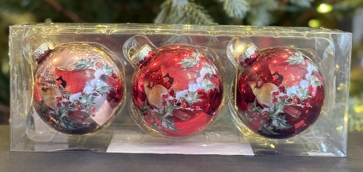 CARDINAL ROUND GLASS ORNAMENTS SET OF 3 XGFNRF3