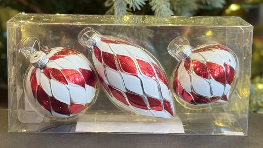 RED, WHITE & SILVER SWIRL GLASS ORNAMENTS SET OF 3 XGFNRW3