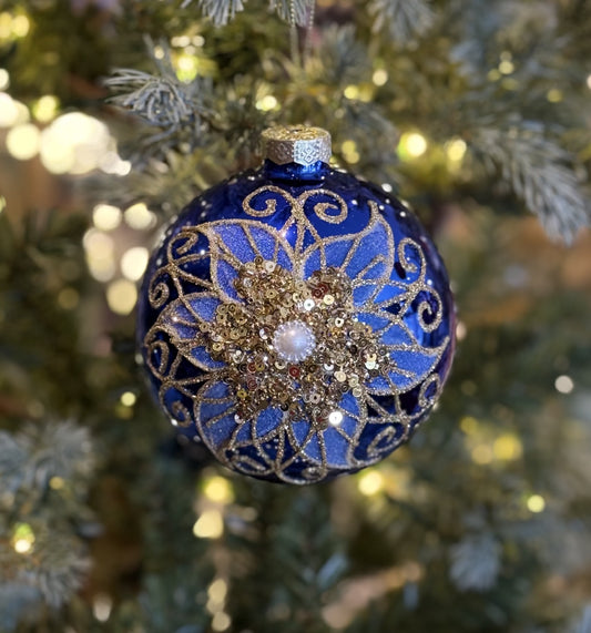 BLUE WITH GOLD DETAIL & PEARL ROUND GLASS HANGING ORNAMENT XFQPOB