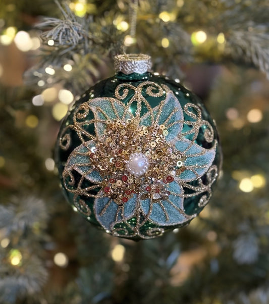 EMERALD WITH GOLD DETAIL & PEARL ROUND GLASS HANGING ORNAMENT XGFQPOE