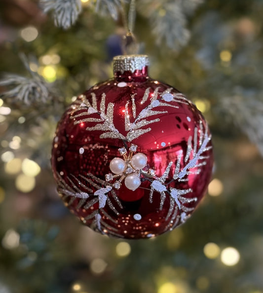 RED WITH FERN & PEARLS GLASS ROUND HANGING ORNAMENT XGMBMPR