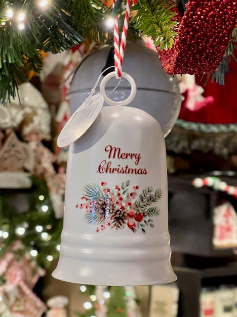 WHITE MERRY CHRISTMAS METAL HANGING BELL XX12617
