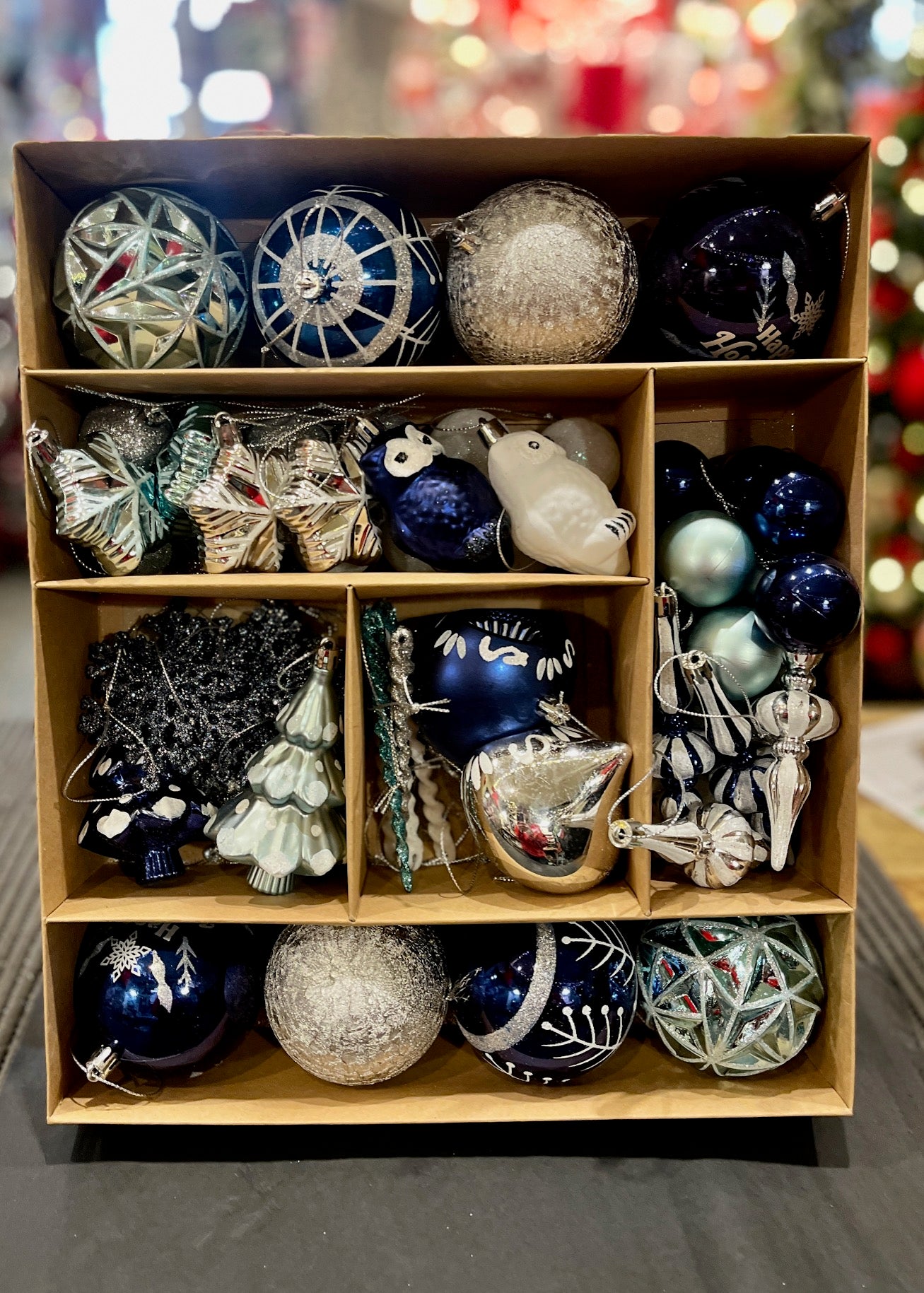 70 PIECE ASSORTED BLUE/WHITE SHATTERPROOF ORNAMENTS IN BOX XX12569
