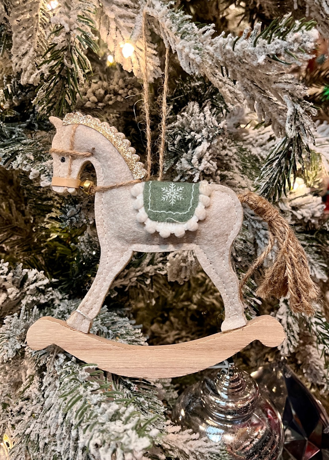 White Rocking Horse Hanging Felt & Wood Ornament XM0246