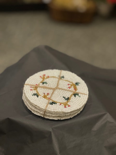 Set of 4 White with wreath Hand Beaded Coaster 10cm  XM1066