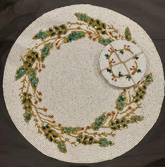Set of 4 White with wreath Hand Beaded Coaster 10cm  XM1066