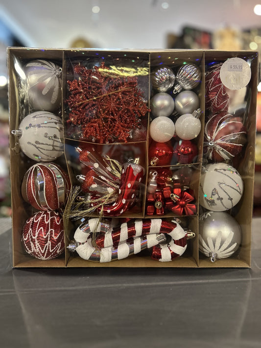 RED/SILVER/WHITE 100 PIECE CHRISTMAS DECO BOX XM0135