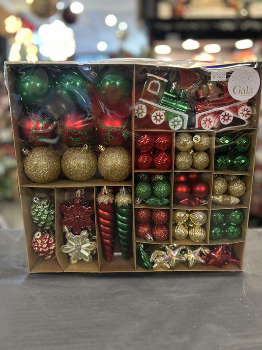 RED/GREEN/GOLD 110 PIECE DECORATER BOX OF ORNAMENTS XM0143