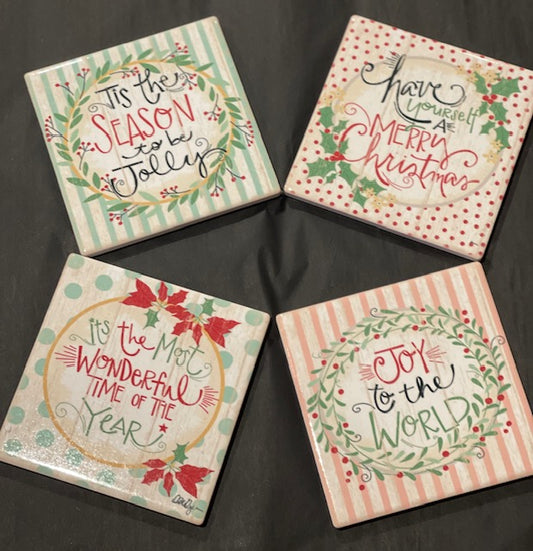 SET OF 4 CHRISTMAS CHEER CERAMIC TILE COASTERS CT166