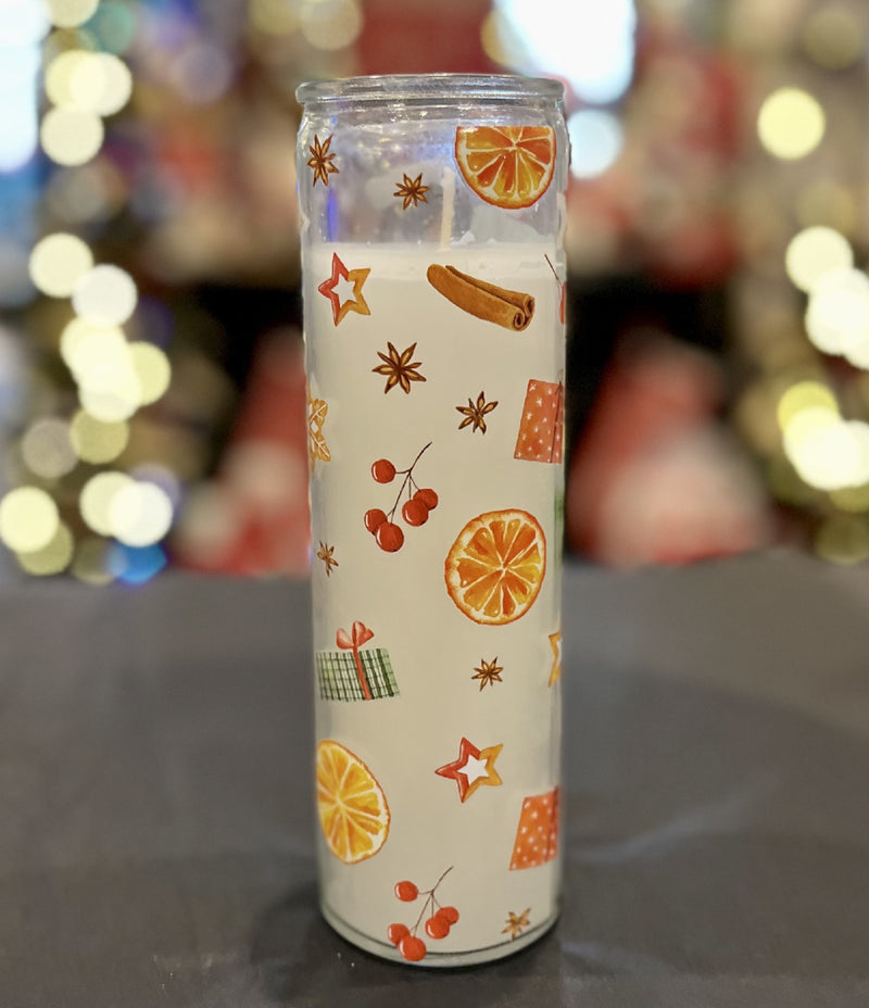 FROSTED SPICE PRINT TALL CANDLE IN GLASS