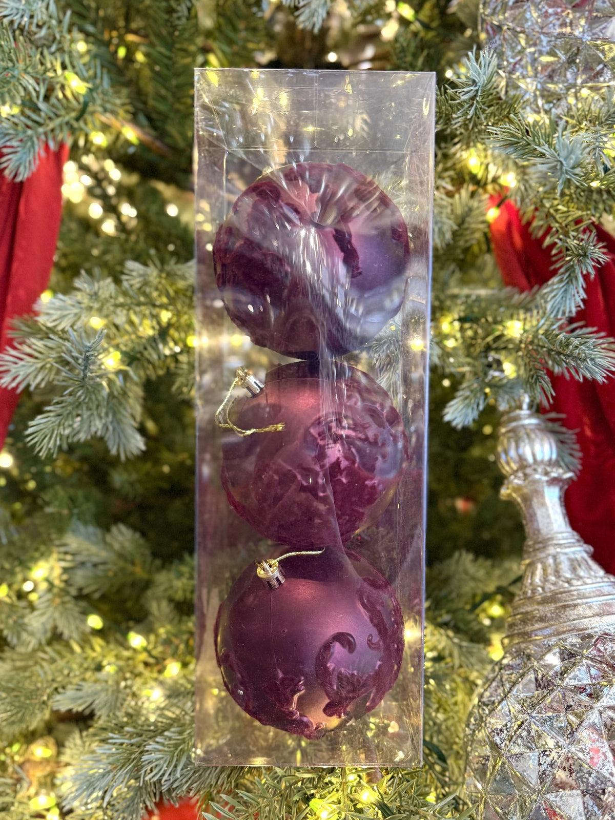 Hanging Bauble Flocked Damask Pattern Pack 3 Burgundy 33002548BU