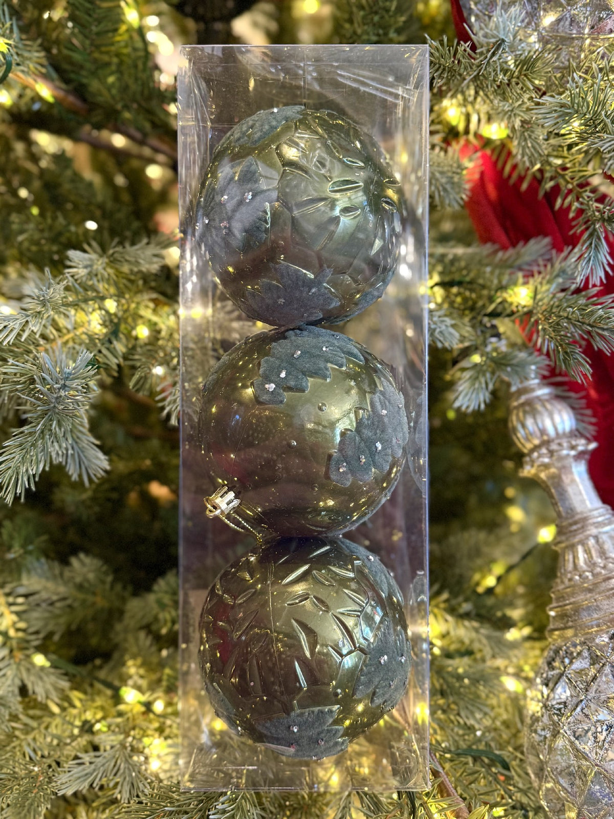 Hanging Bauble Flocked Tree Pattern Pack 3 Green 33002549SG