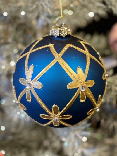 TEAL BLUE MATT WITH GOLD PATTERN ROUND ORNAMENT GPL349