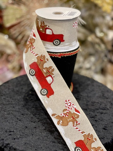 GINGERBREAD MEN IN CAR 2 1/2 INCH RIBBON AND372